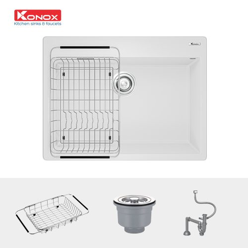 Chậu rửa bát Granite Sink Ruvita 680 White Silver và phụ kiện