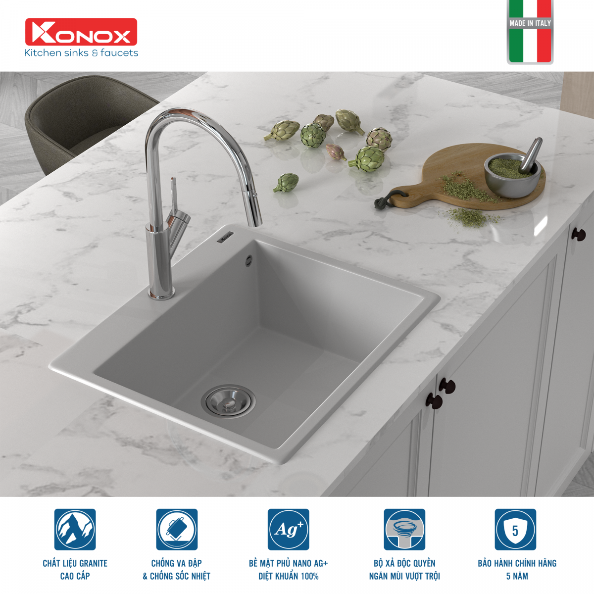 chậu rửa bát đá Ruvita 680 White Silver