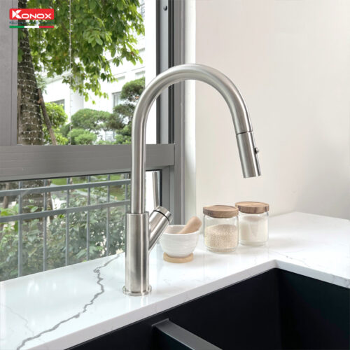 Vòi rửa bát dây rút Konox Alto Nickel