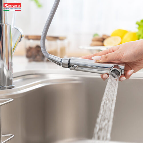 đầu vòi rửa bát dây rút Konox Artan Chome