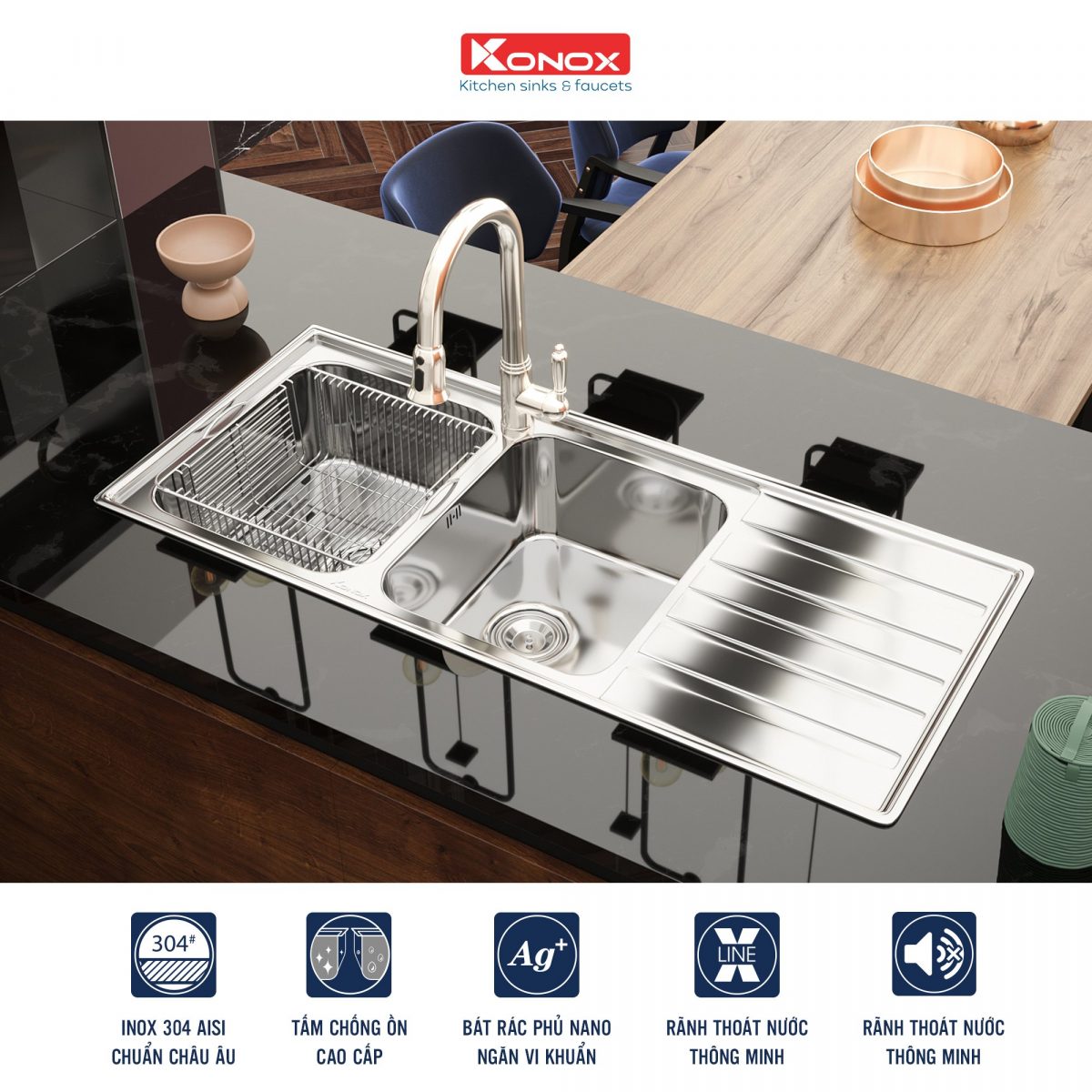 bồn rửa chén inox 304 2 ngăn Konox European Series2