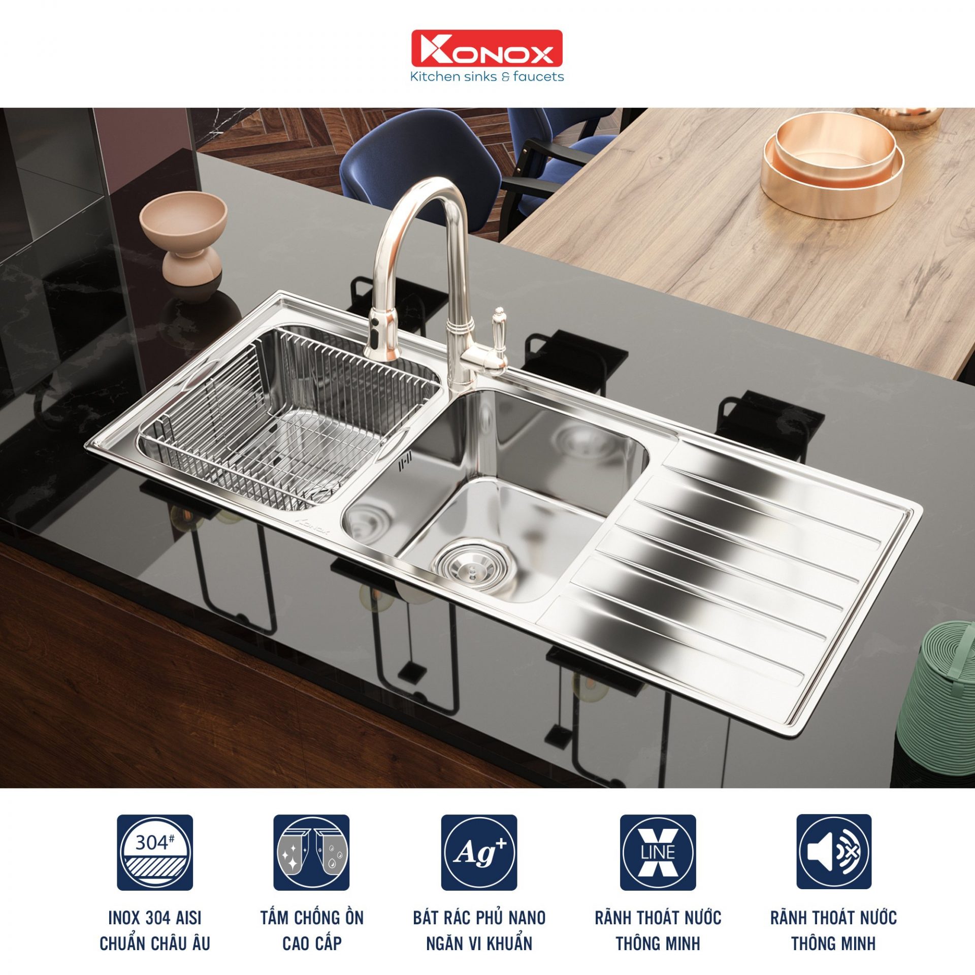 Từ A-Z về bồn rửa chén inox 304 2 ngăn - Konox Việt Nam