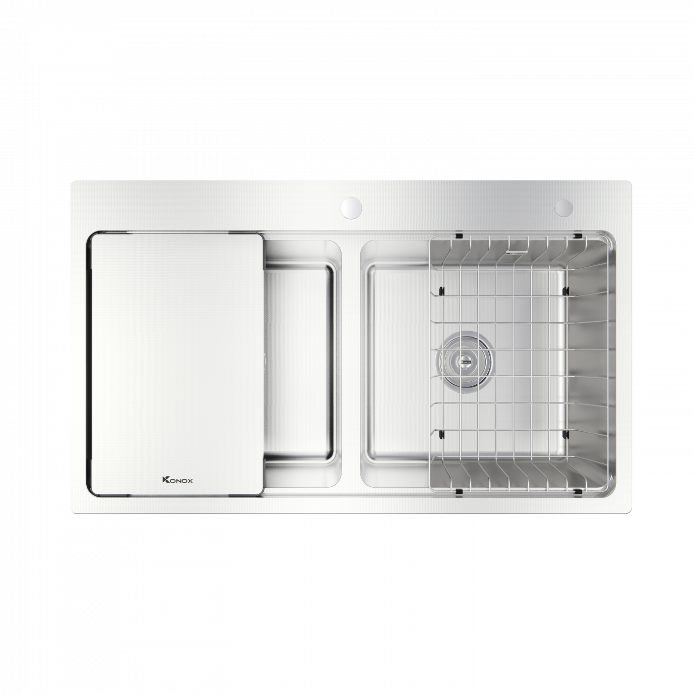 KN8651TD | Konox | Chậu rửa bát chống xước Workstation Sink – Topmount Sink DekorSiphon, thớt inox, giá úp bát inox
