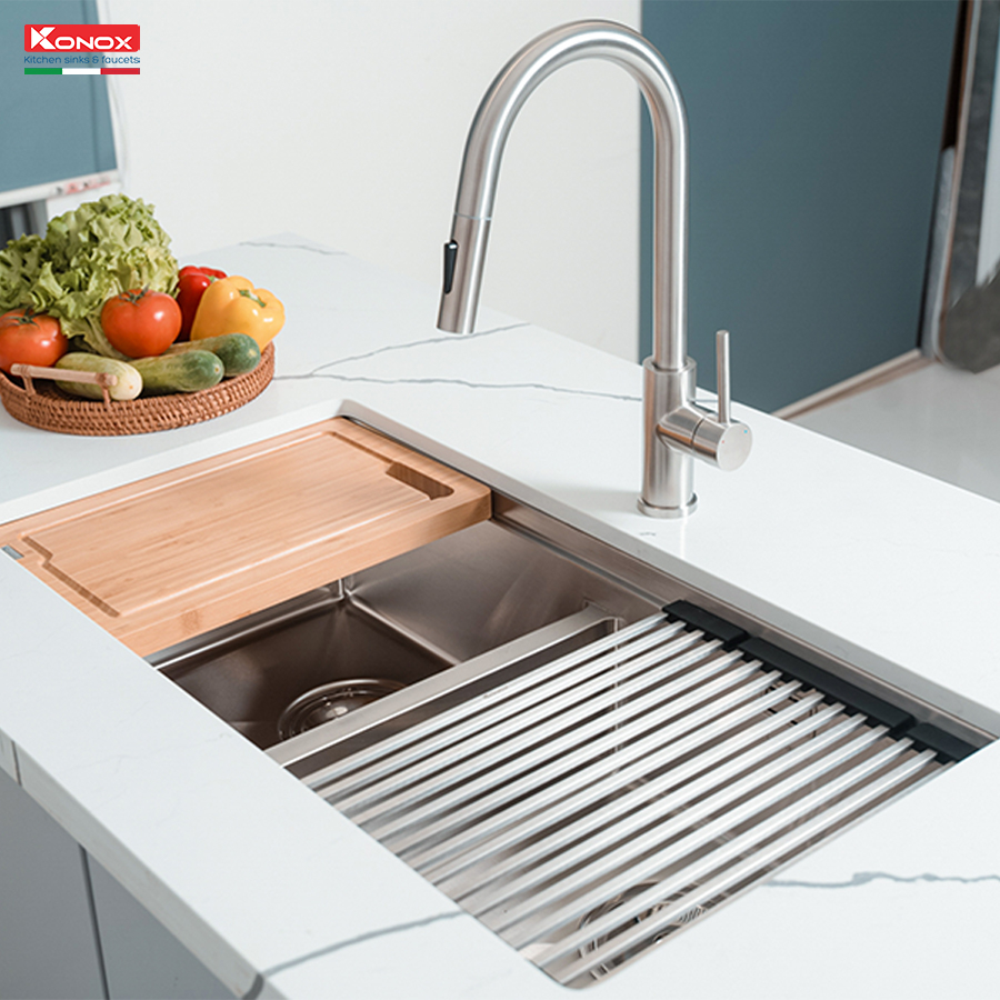 chậu rửa bát 2 hố âm bàn đá Konox KN8745DUB và vòi dây rút Reno