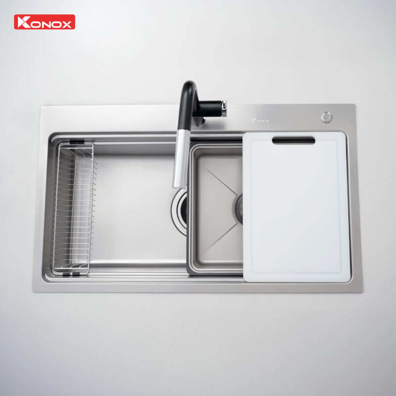 Chậu rửa bát inox 1 hố chống xước Konox KN8751TS Dekor tích hợp 4 loại phụ kiện