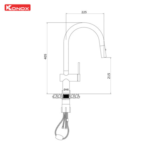 bản vẽ kỹ thuật vòi rửa bát dây rút Konox Comfor Chrome