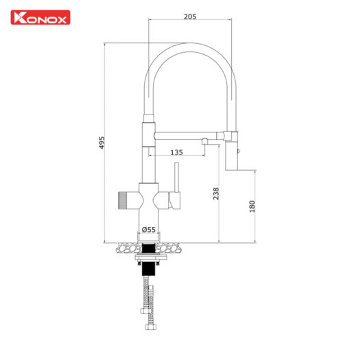 bản vẽ kỹ thuật vòi rửa bát thân mềm 3 đường nước Konox Combi Chrome