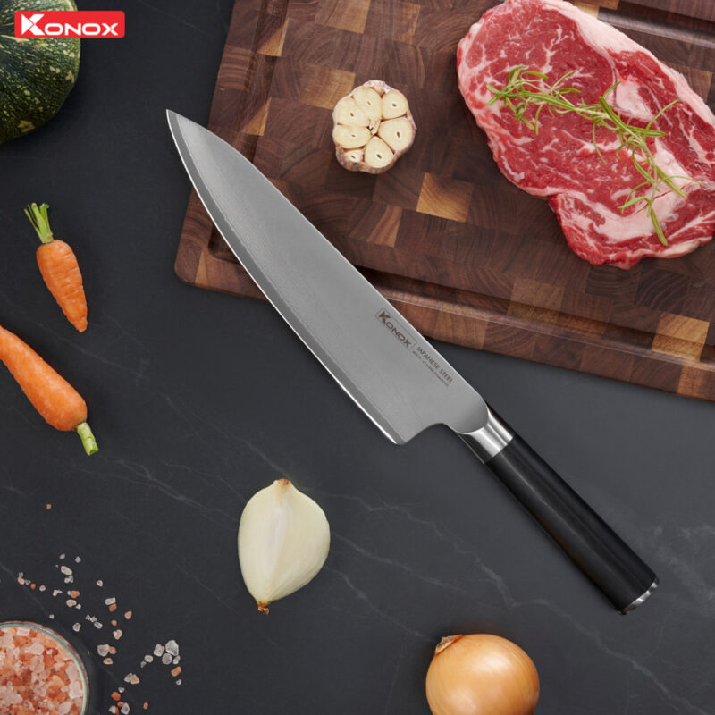 dao đầu bếp thép Nhật damascus Konox Eiko chef knife