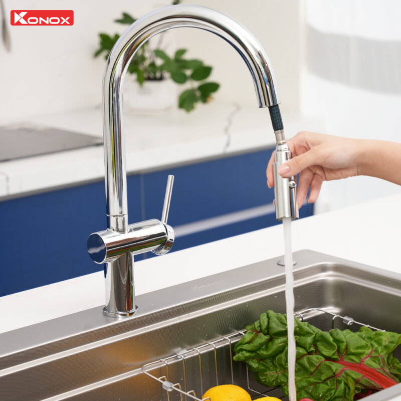 Vòi rửa bát dây rút nóng lạnh Konox Comfor Chrome