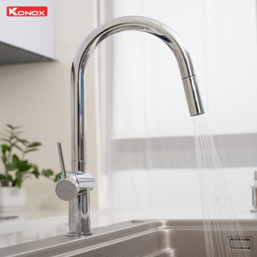 Vòi rửa bát dây rút nóng lạnh Konox Comfor Chrome dòng chảy phun mưa