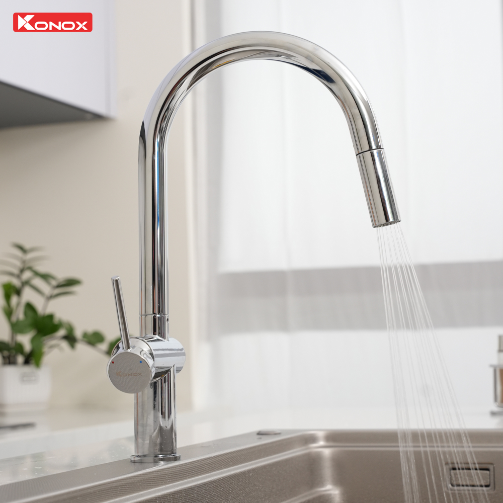 Vòi rửa bát dây rút nóng lạnh Konox Comfor Chrome dòng chảy phun mưa