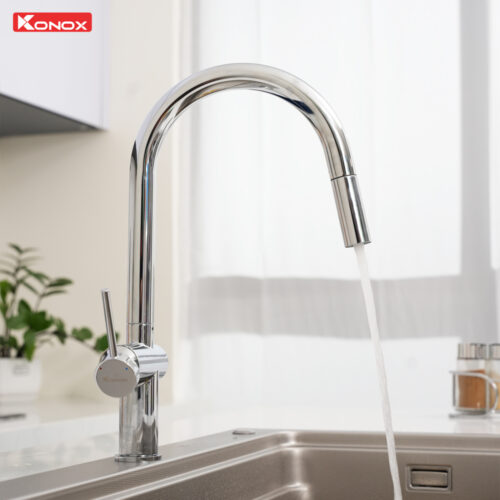 Vòi rửa bát dây rút nóng lạnh Konox Comfor Chrome dòng chảytạo bọt