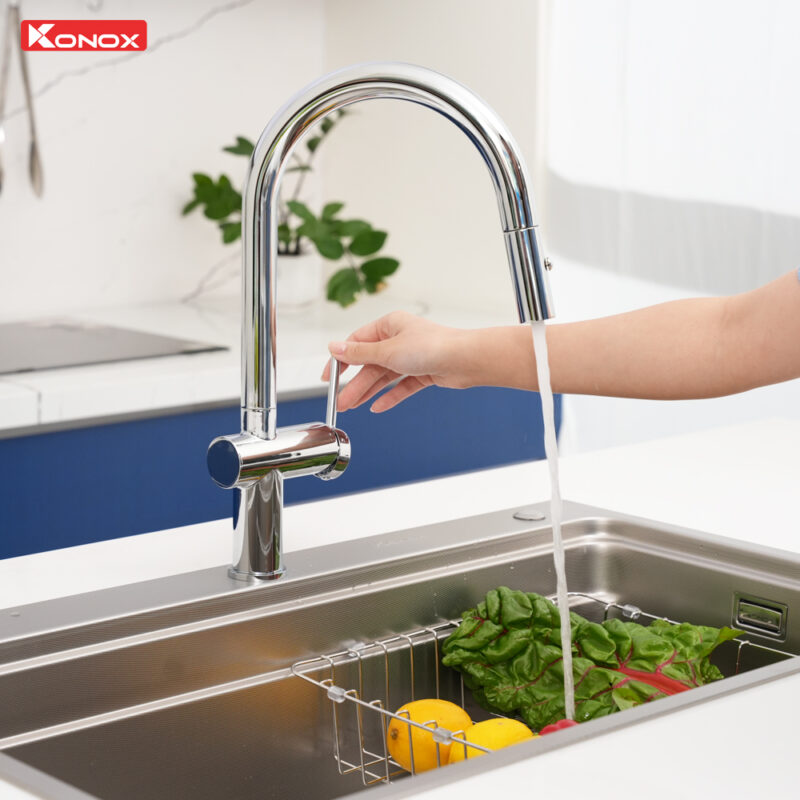 Vòi rửa bát dây rút nóng lạnh Konox Comfor Chrome