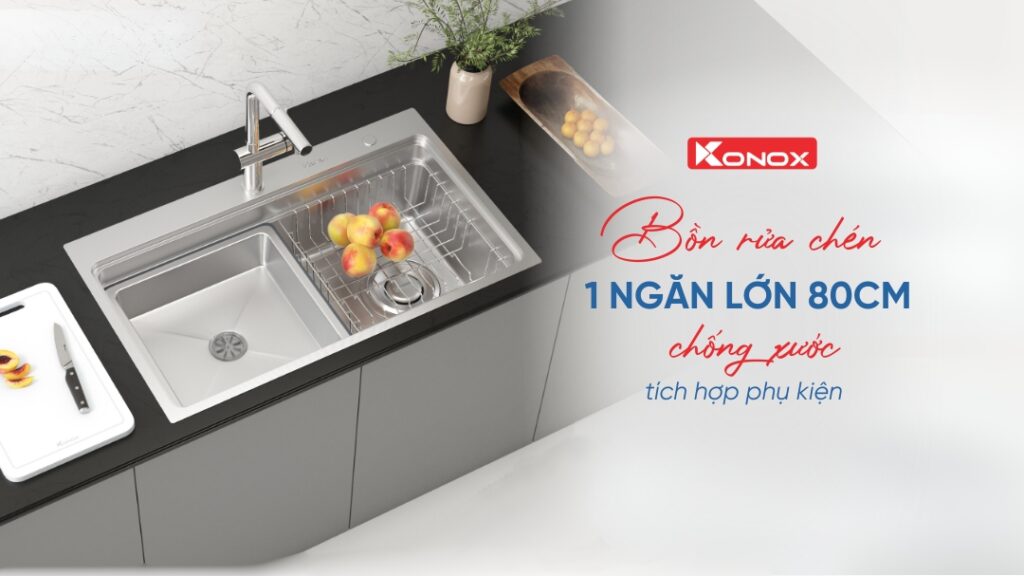 Bồn rửa chén 1 ngăn lớn 80cm chống xước, tích hợp phụ kiện