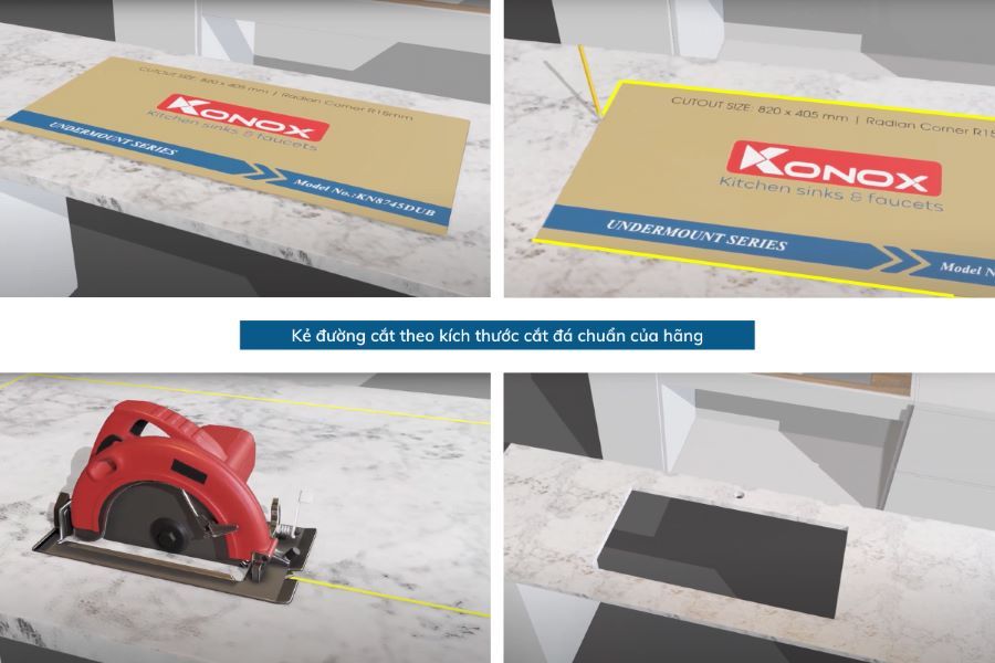 cắt mặt bàn đá lắp chậu rửa bát bán âm