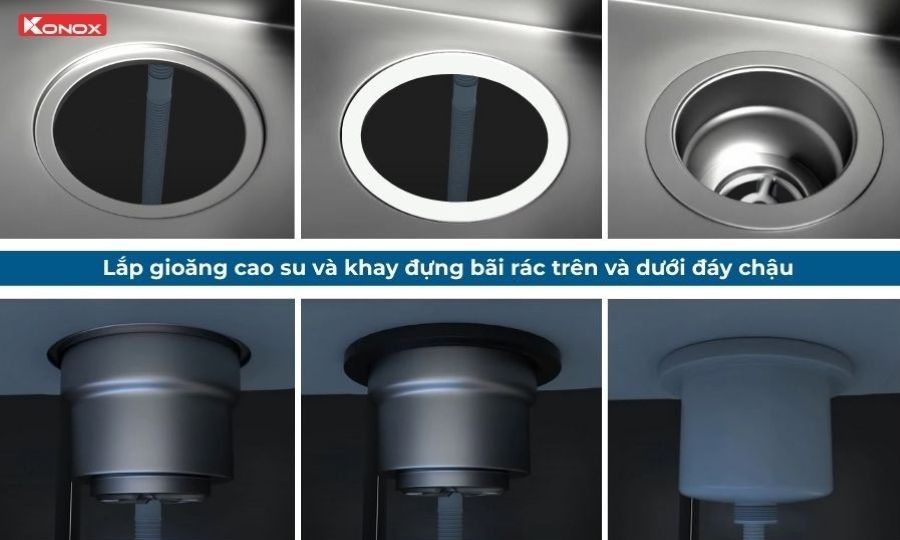 gắn bát rác và gioăng cao su vào đúng vị trí đáy chậu để lắp xi phông chậu rửa bát 