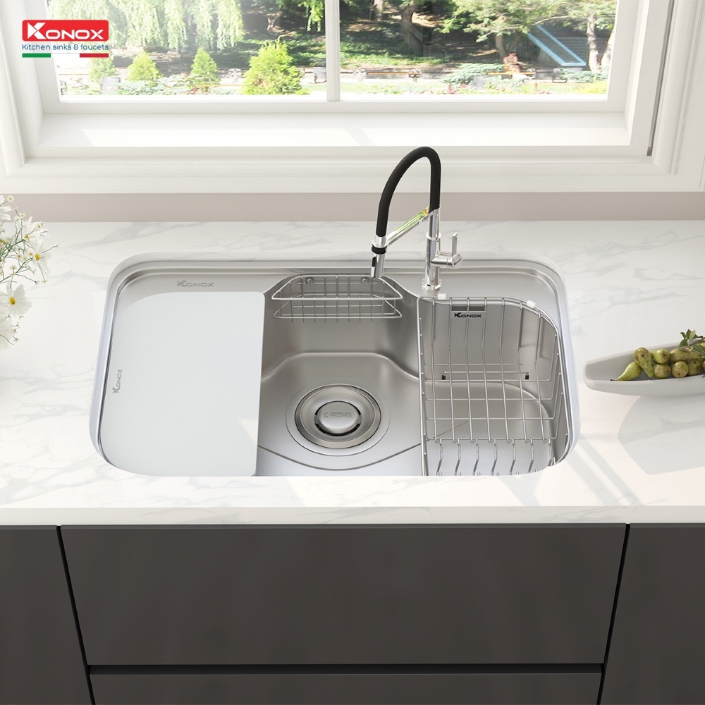 phối cảnh chậu rửa bát inox 1 hố phong cách Nhật Bản Konox Tari 7851SR
