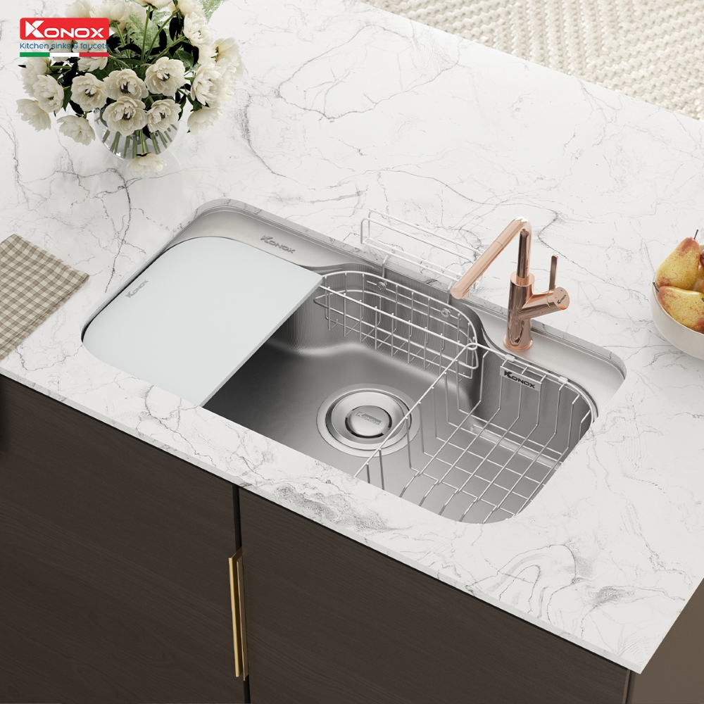 phối cảnh chậu rửa bát inox 1 hố phong cách Nhật Bản Konox Tari 9051SR
