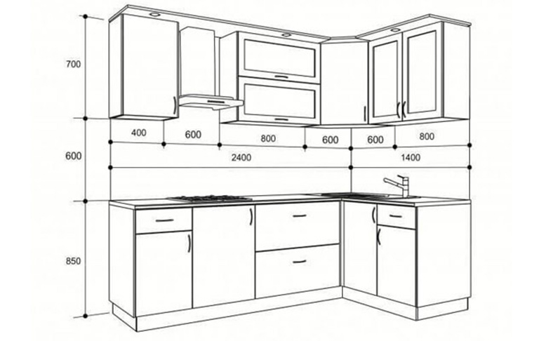 kích thước bàn bếp chữ l