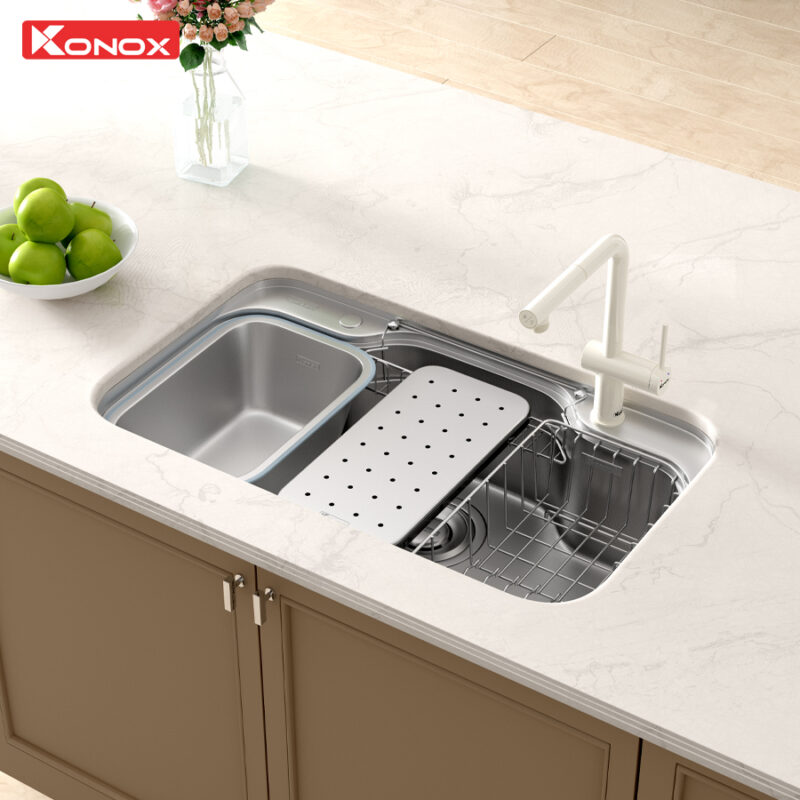 phối cảnh chậu rửa bát 1 hố chống xước Konox Dekor 8048SU