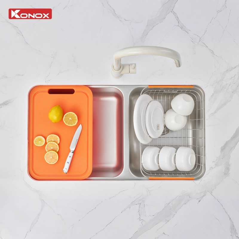 Konox-chau-rua-bat-lap-am-2-ho-lech-r50-tari-8246DU Chậu rửa bát lắp âm 2 hố lệch R50 Tari 8246DU