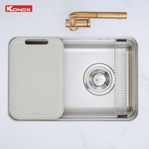 Chậu rửa bát 1 hố phiên bản cá nhân hóa Konox Tari Smart 7047PP thớt sợi gỗ be